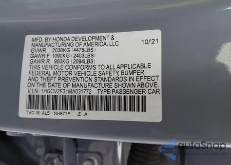 2021 Honda Accord Sport 2.0T из США, поврежденный, VIN 1HGCV2F31MA031772